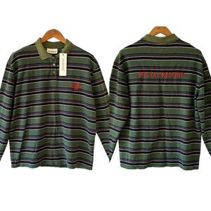 HAN KJOBENHAVN Social Resort Stripe Polo Tee Knit Mens L Green Long Sleeve READ*